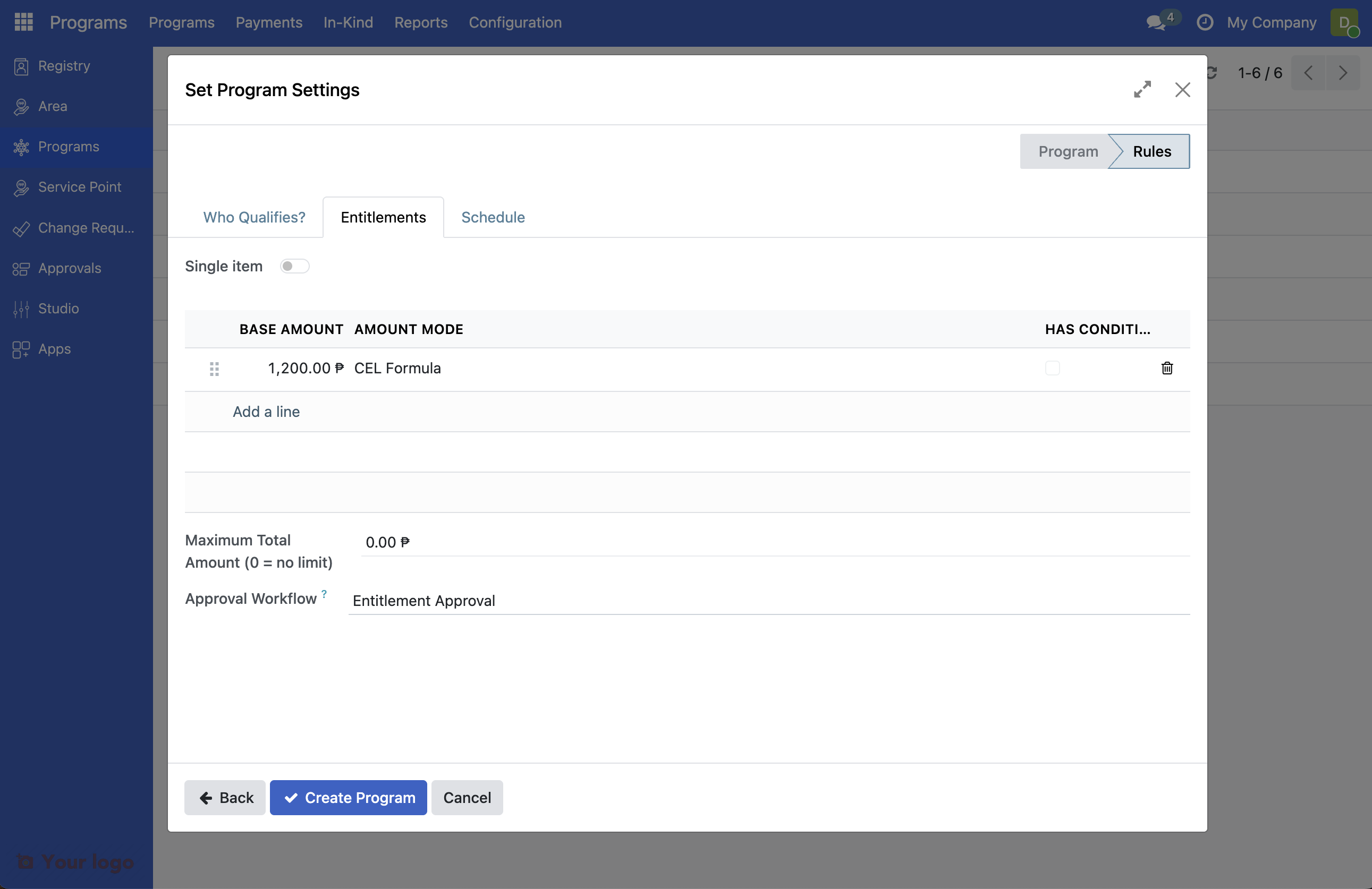 Screenshot: Program popup with amount to be distributed