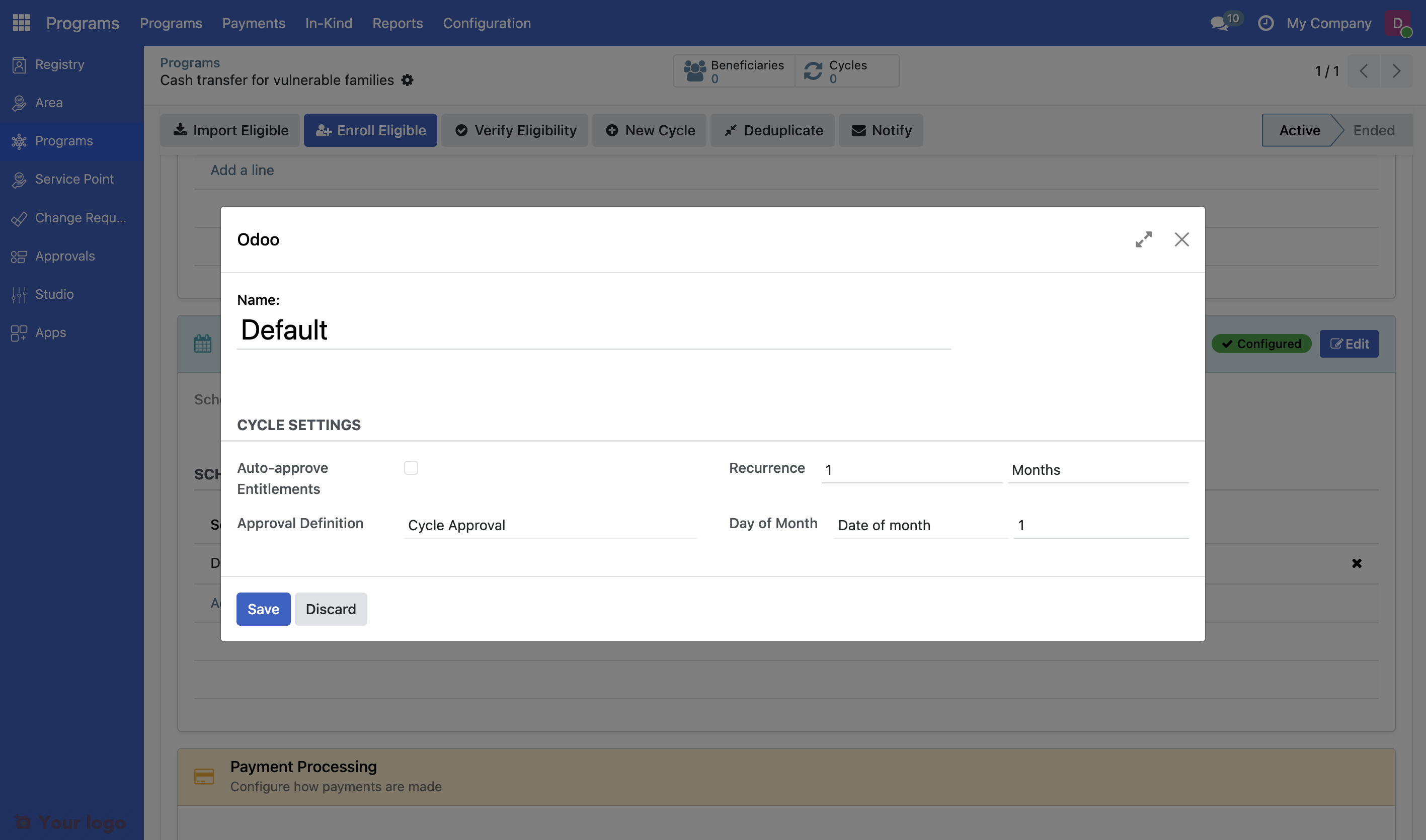 Screenshot: Popup for "Program Schedule"