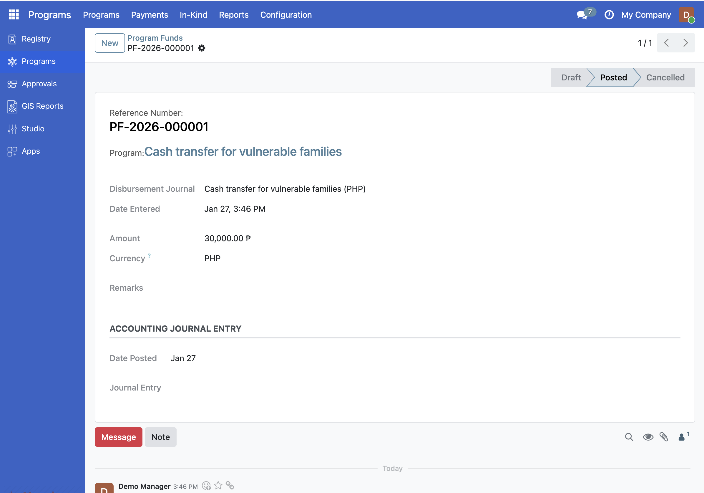 Screenshot: Funds are allocated