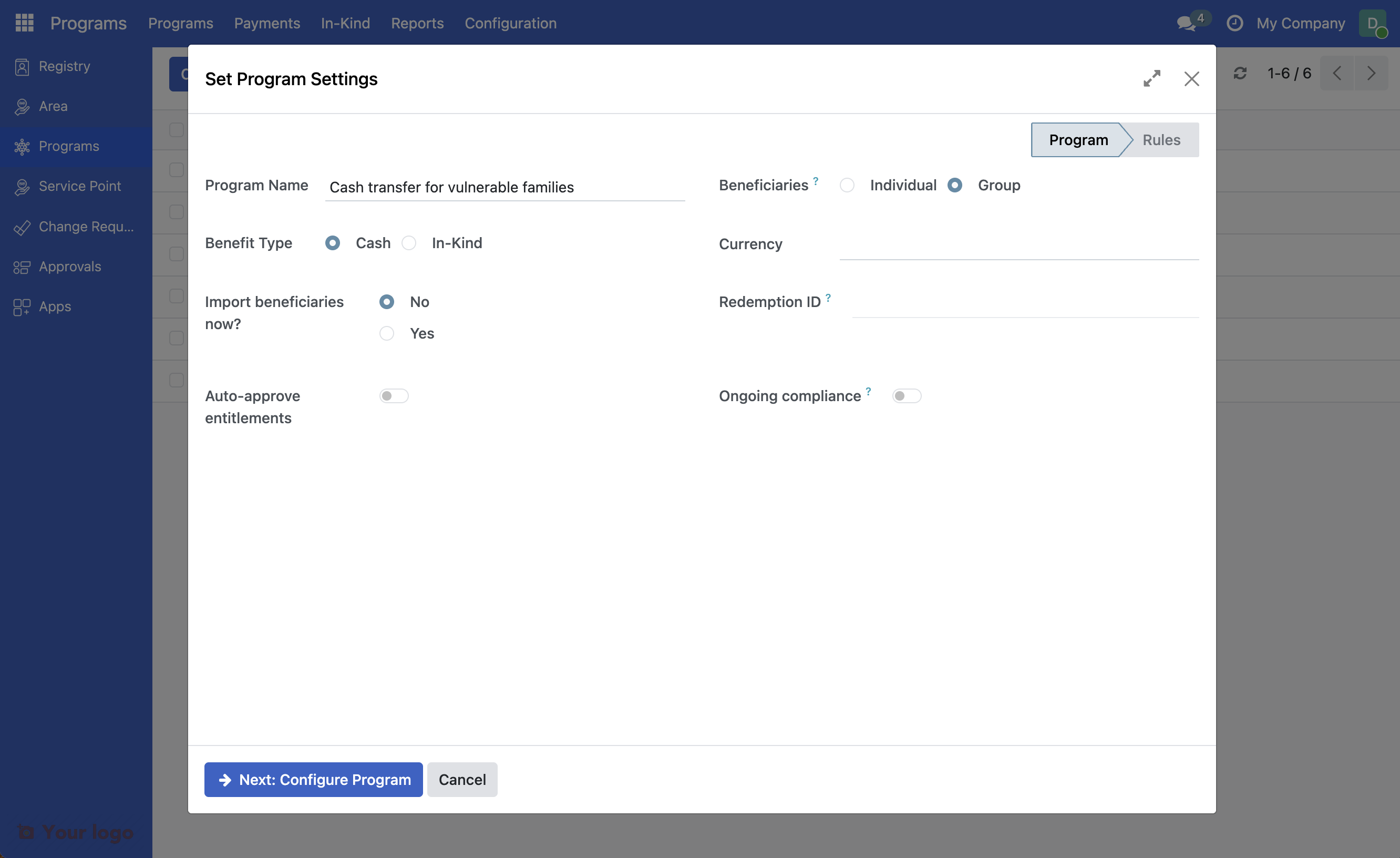 Screenshot: Program creation form showing Program Name field filled with "Cash Transfer for Vulnerable Families" and Target Type set to "Group"