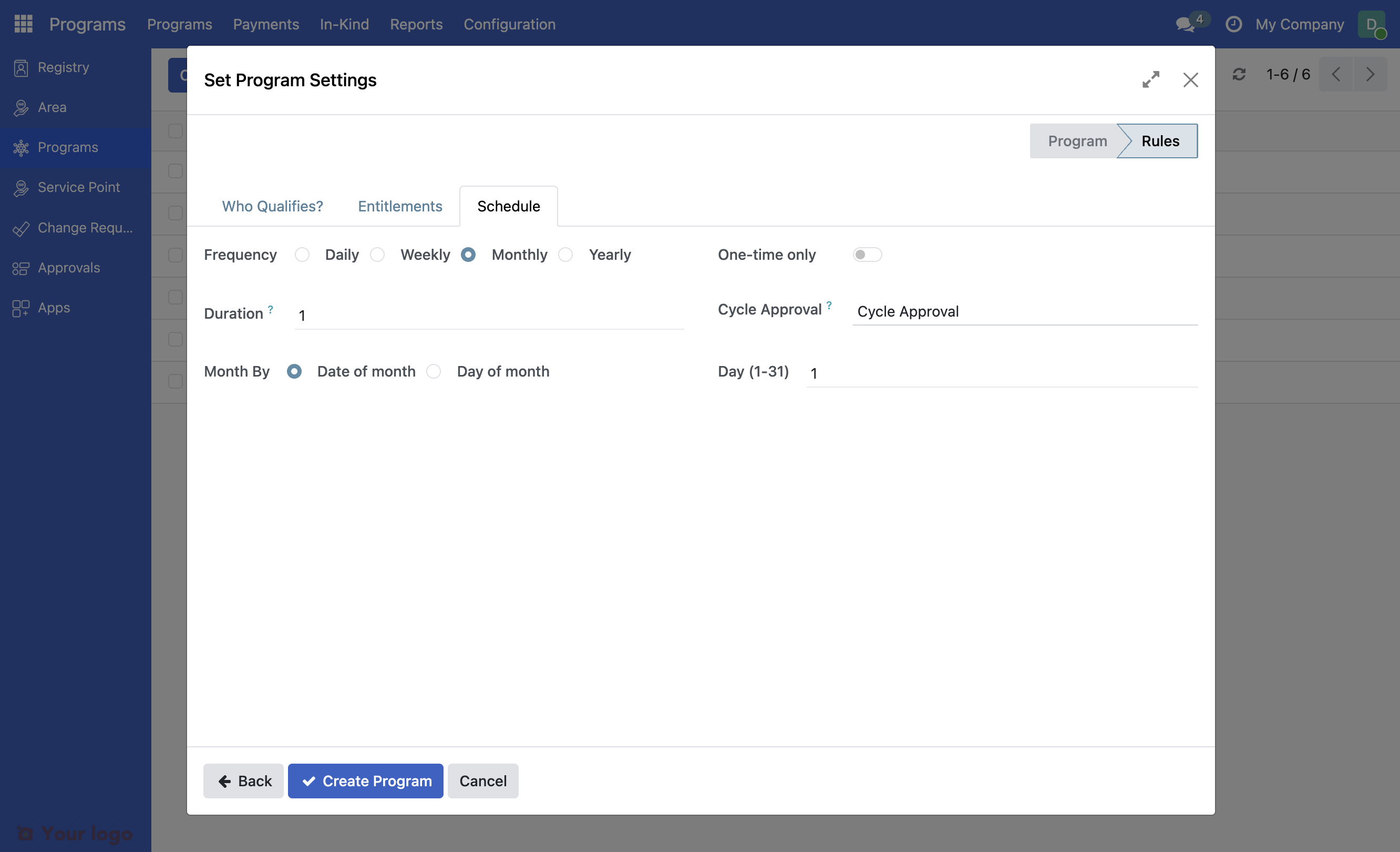 Entitlement configuration dialog showing Distribution Schedule