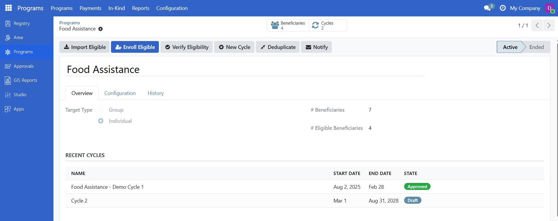 Screenshot: Program page showing "Cash Transfer for Vulnerable Families" at top