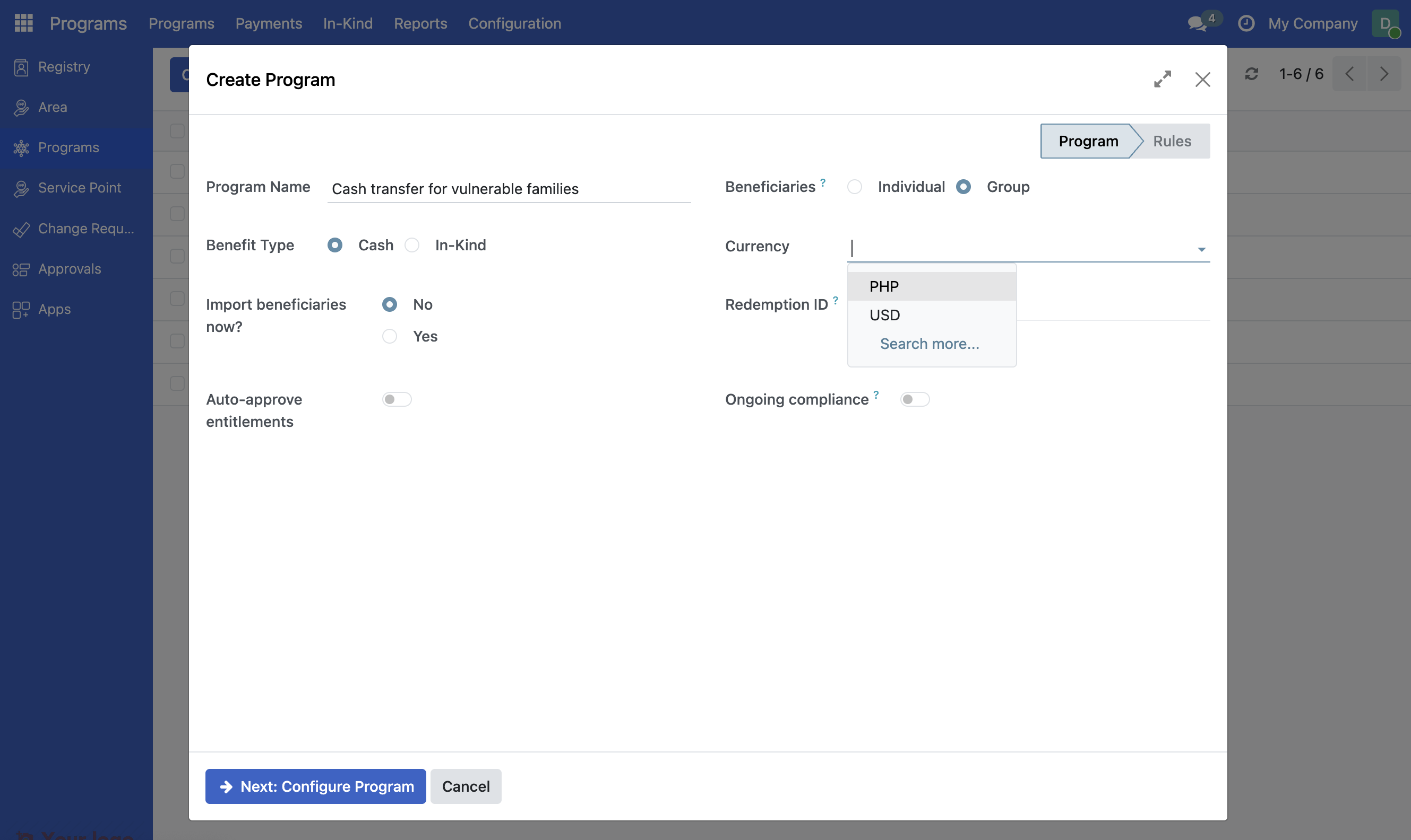 Screenshot: Currency field showing PHP - Philippine Peso selected