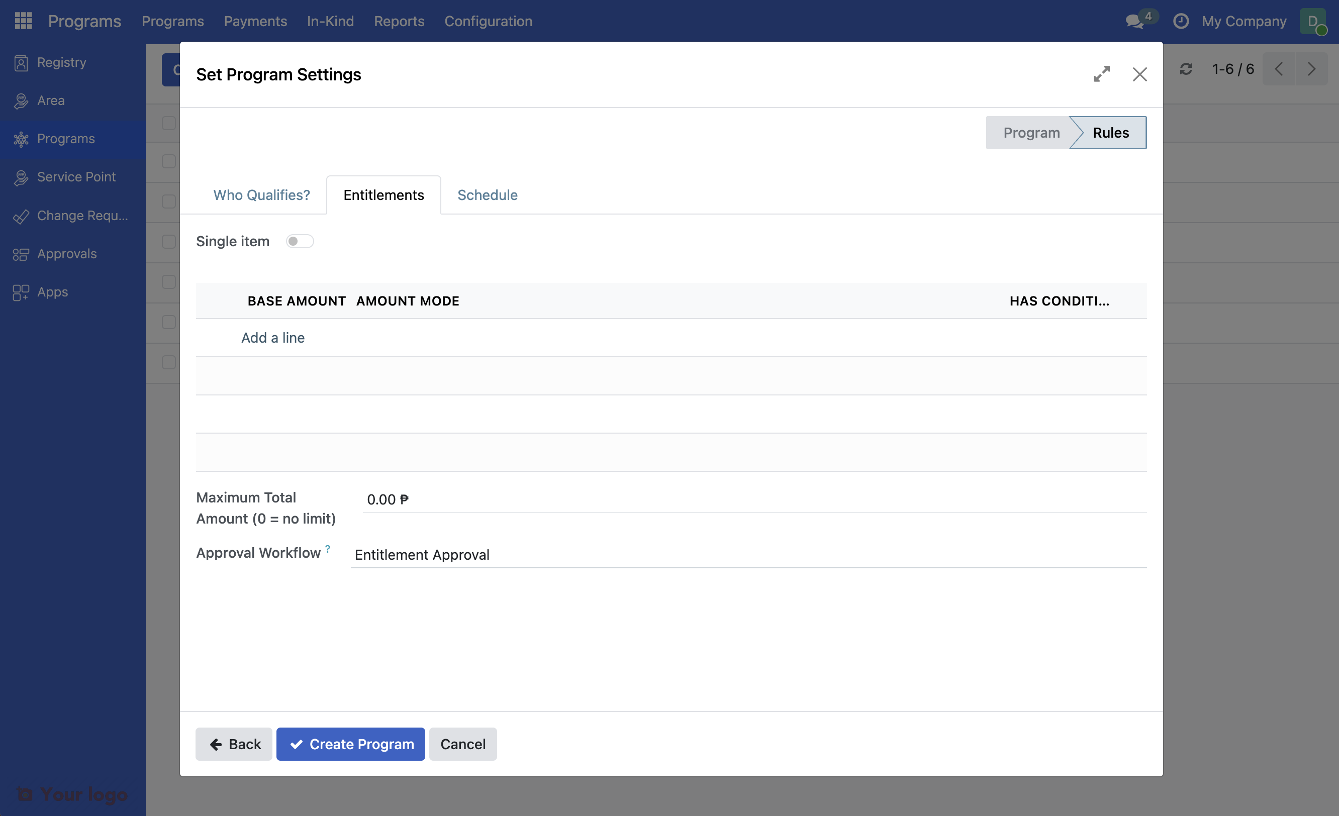 Screenshot: Add a line button at the bottom of of program form