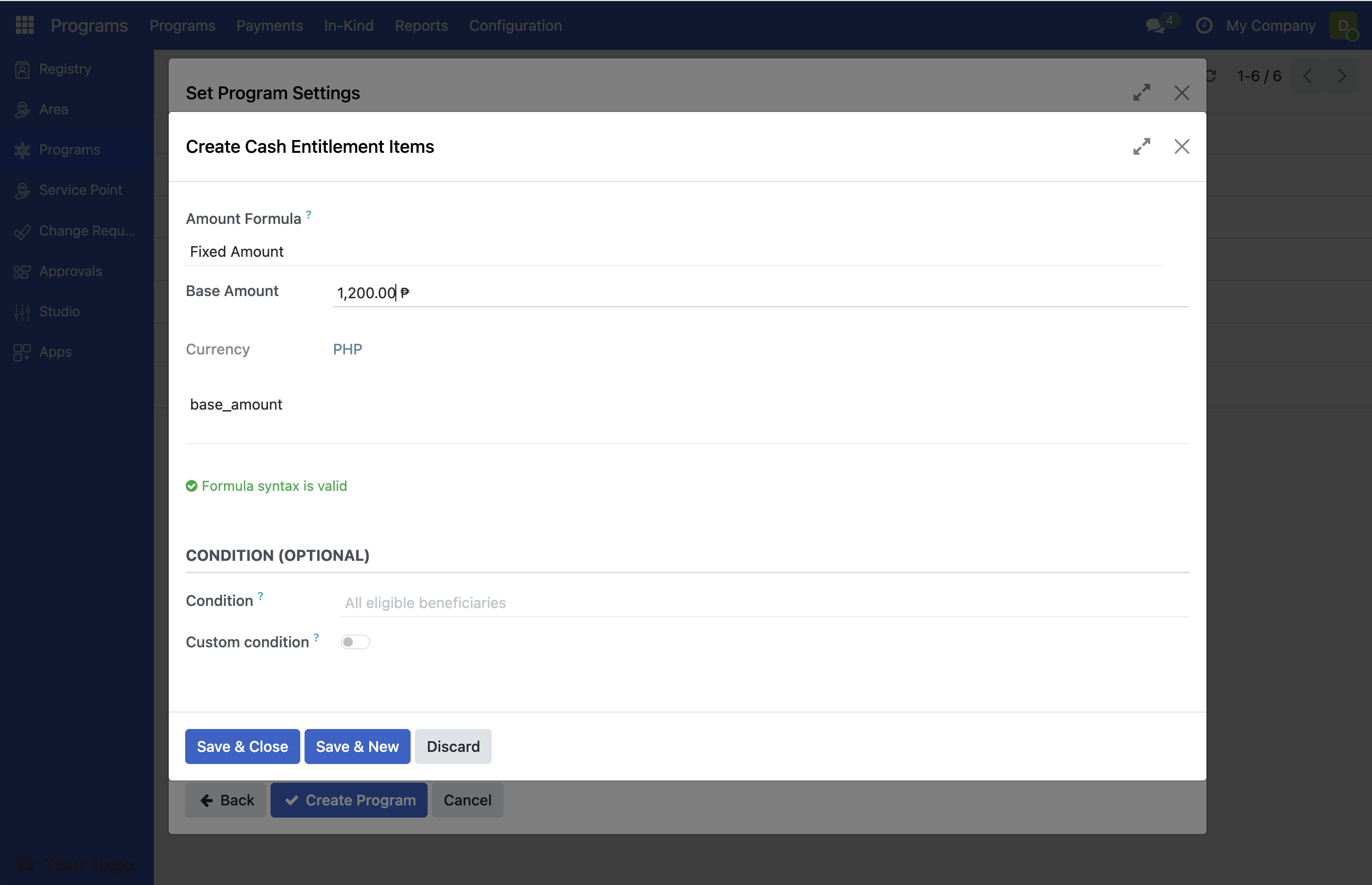 Screenshot: Pop up window to configure distributed amount