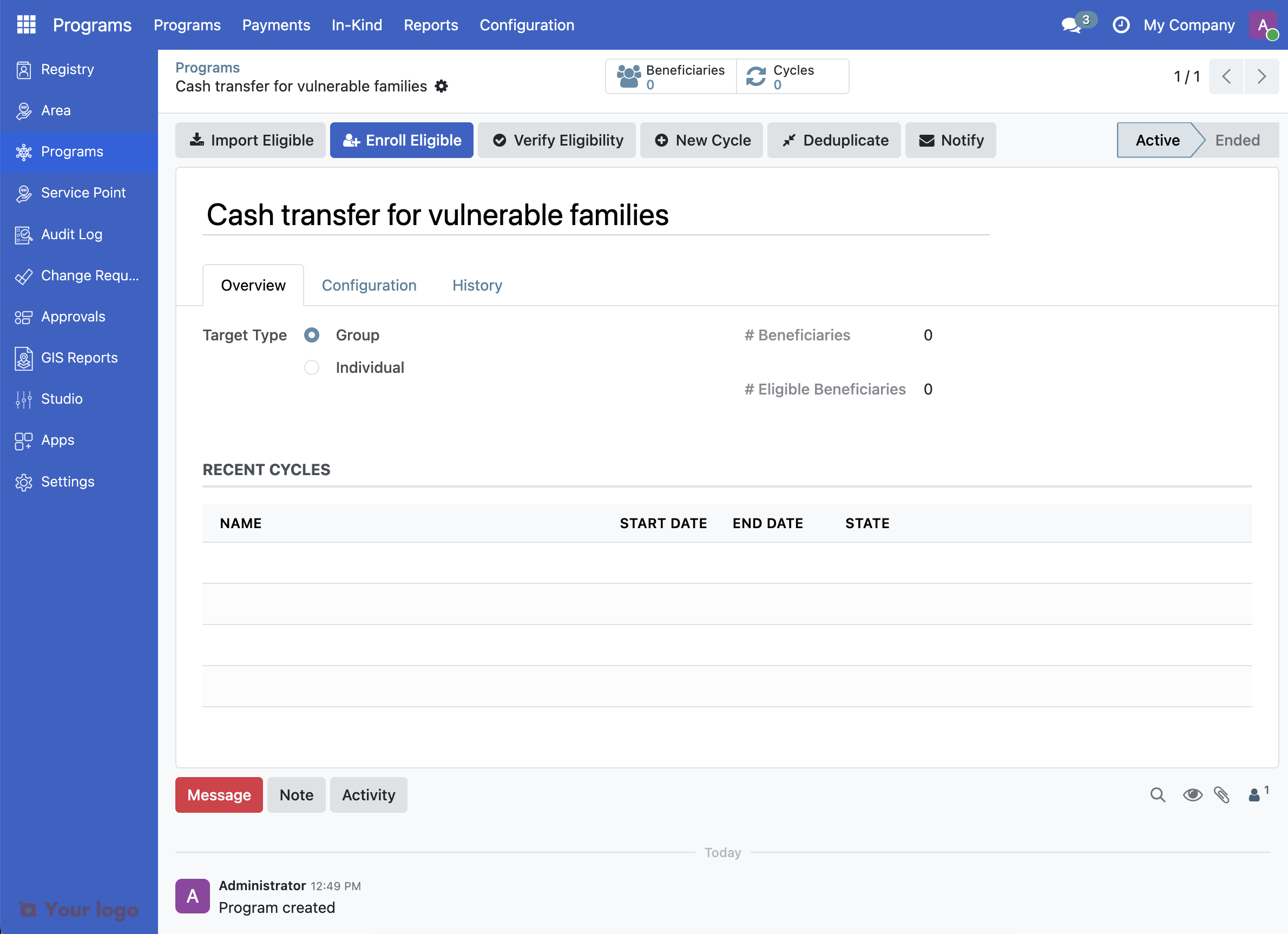 Screenshot: Programs list with "Cash Transfer for Vulnerable Families" highlighted