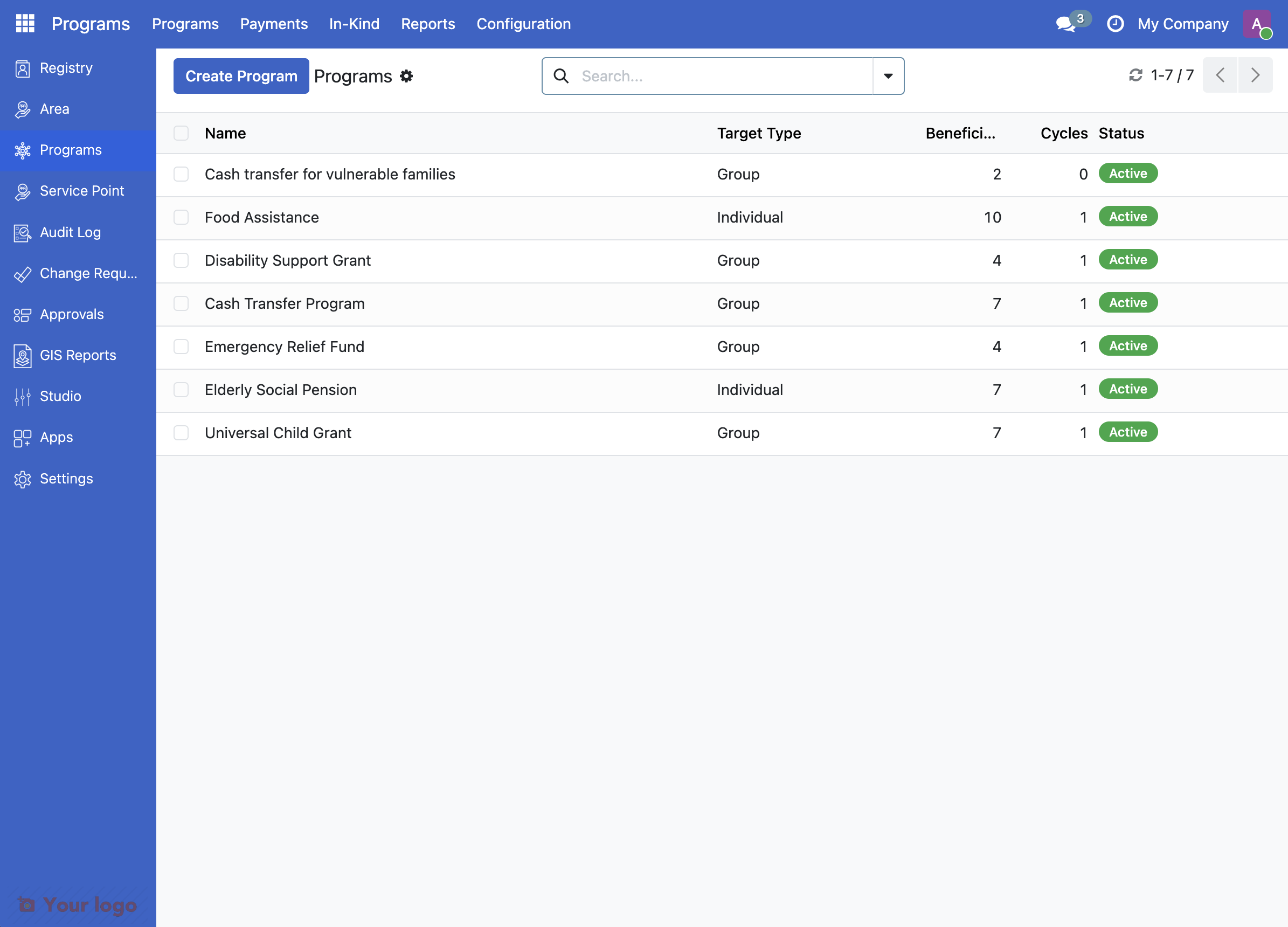 Programs list showing Cash Transfer Program