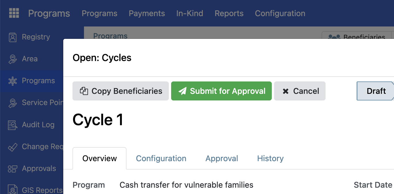 Cycle overview with "Submit for Approval" button"