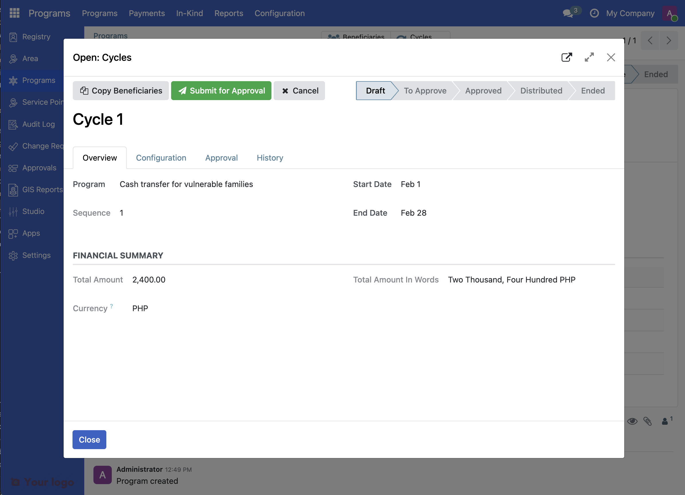 Cycle overview with amount