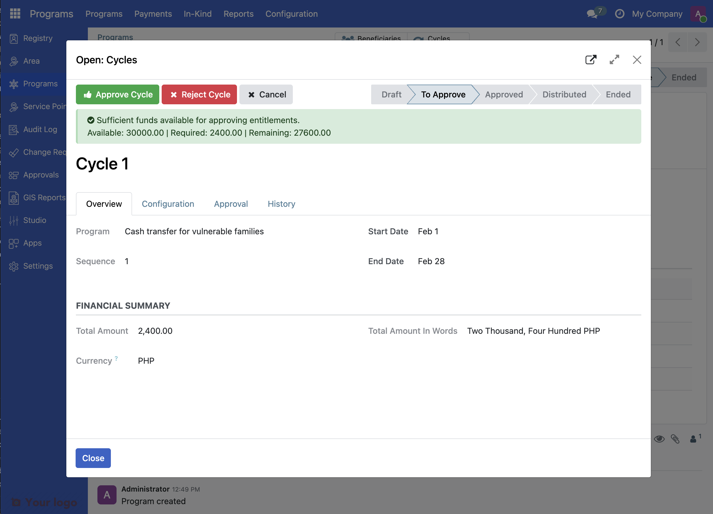 Cycle overview with amount
