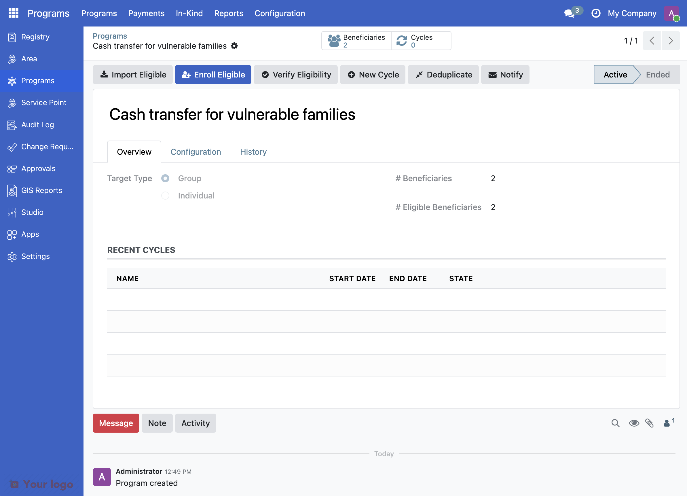 Program overview showing Recent Cycles section