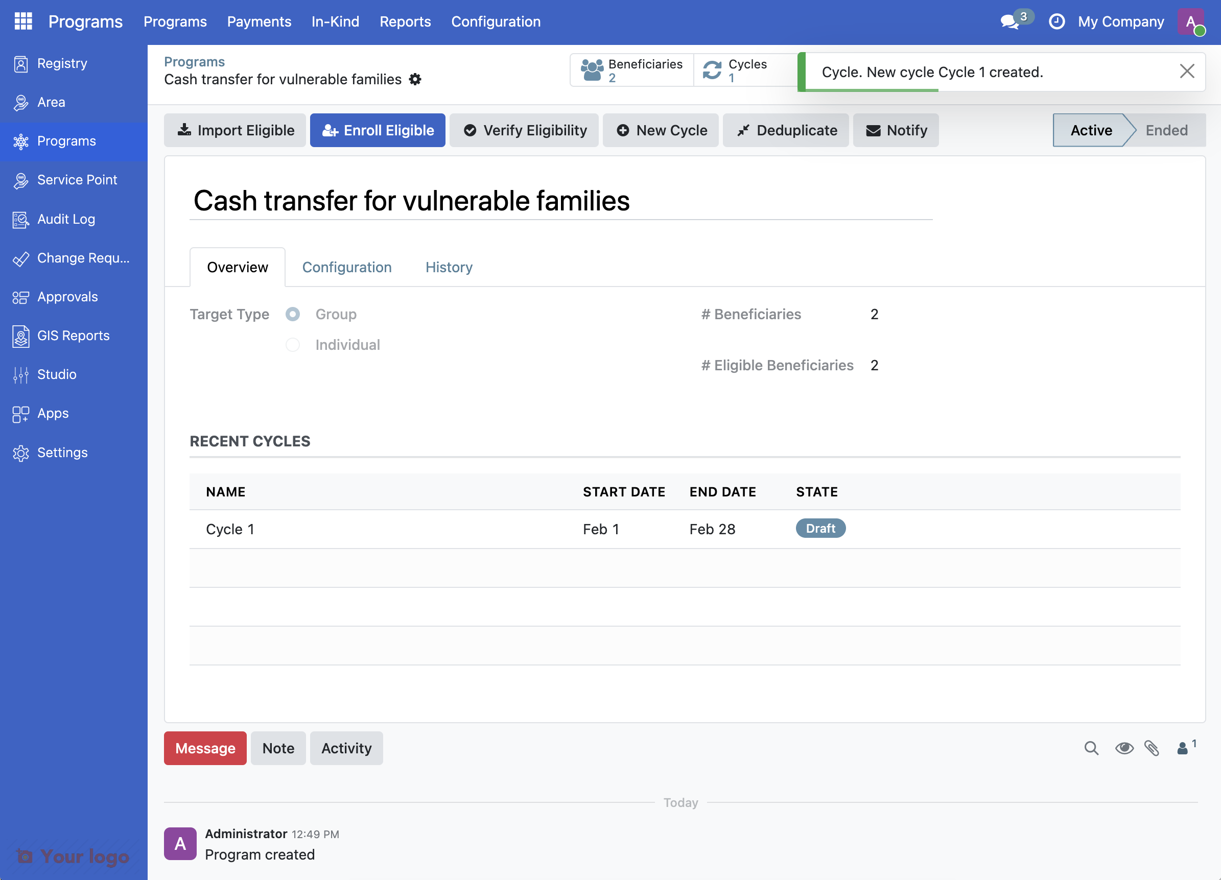 New cycle appears in Recent Cycles with Draft status