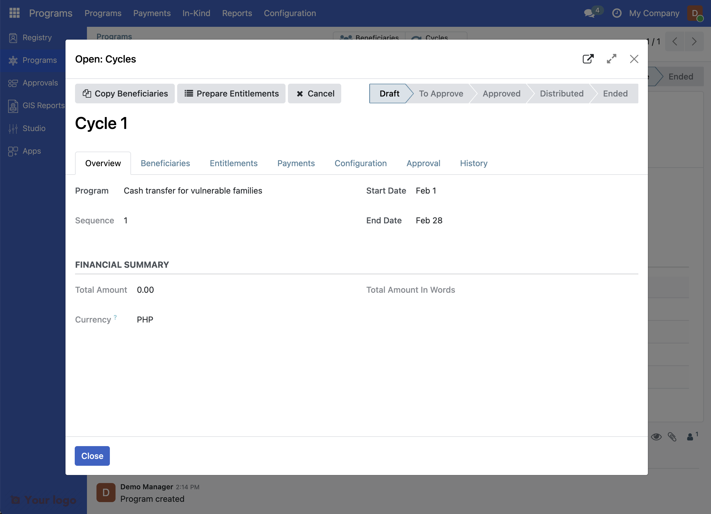 Cycle dialog showing Overview tab with cycle details