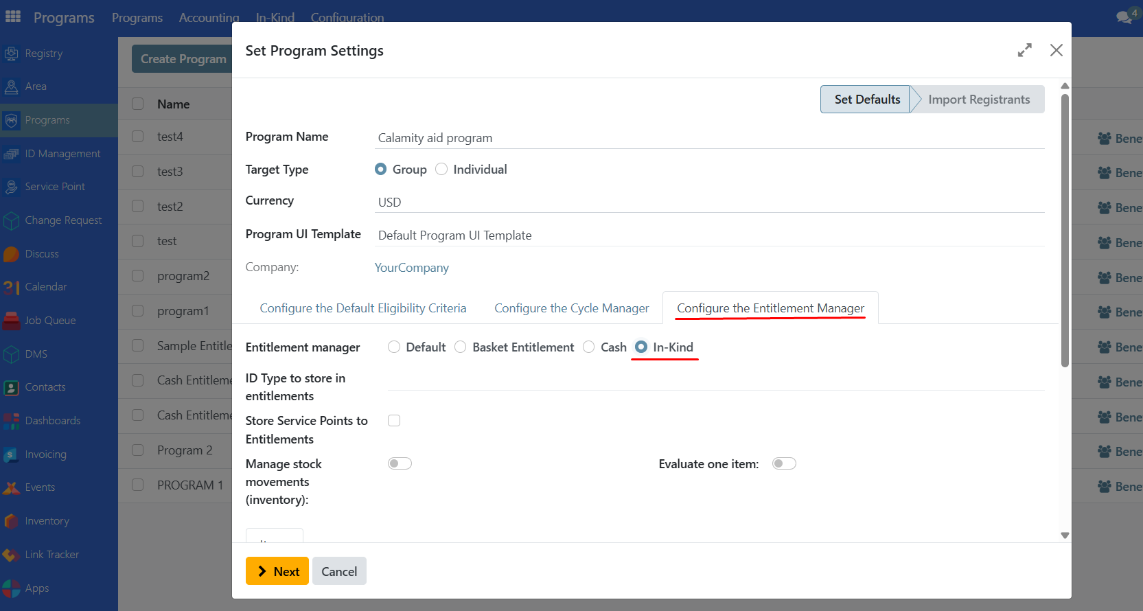 During create program inkind