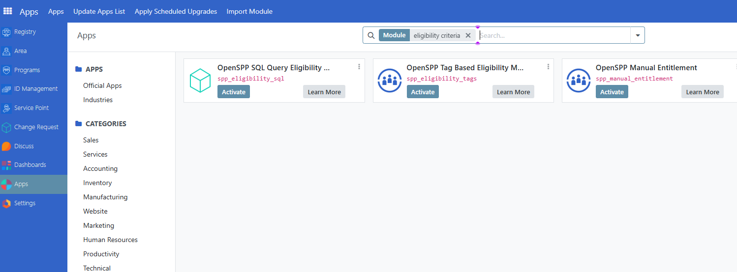 Eligibility criteria modules