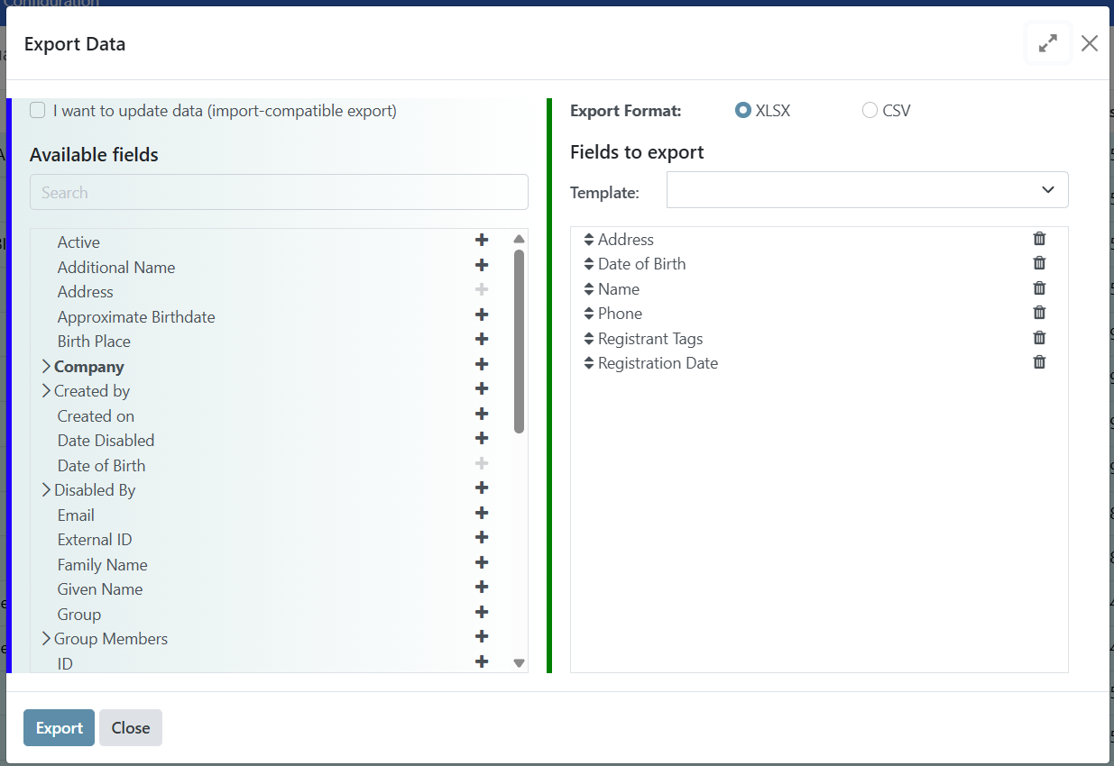 Export users select header