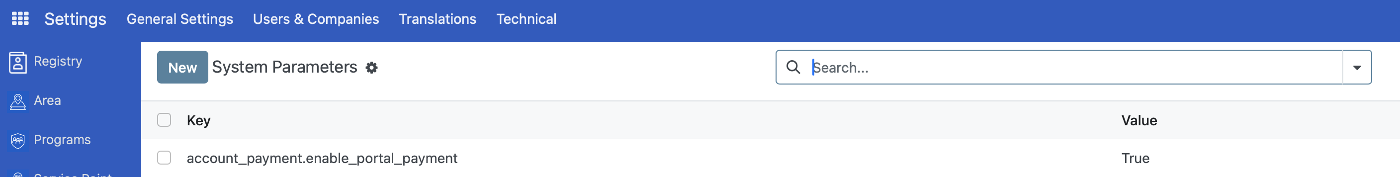Settings menu with Technical and System Parameters options
