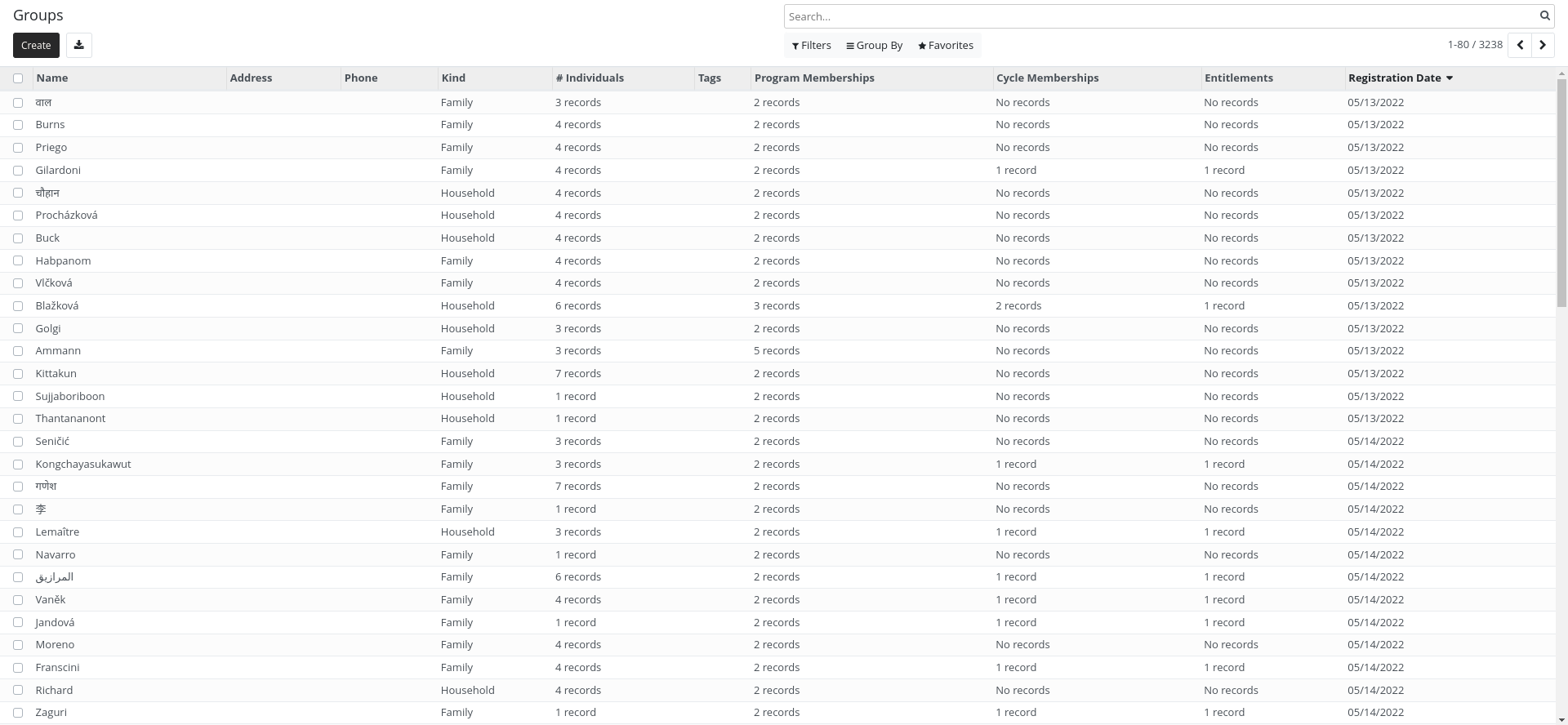 Screenshot of the group registrant list page showing a table with columns for group name, registration ID, kind, and number of members