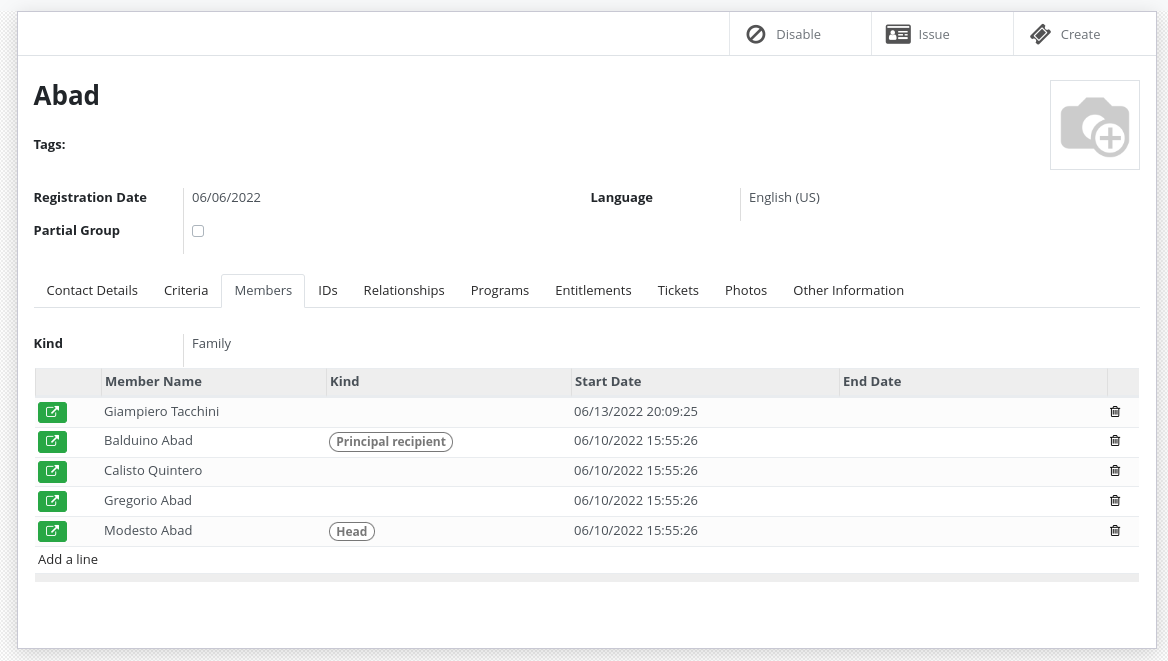 Screenshot of a group registrant profile page displaying group details form with fields for group name, type, member count, and administrative information