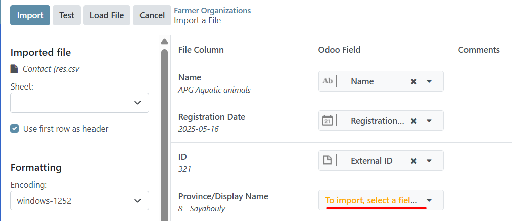 Import users select a field