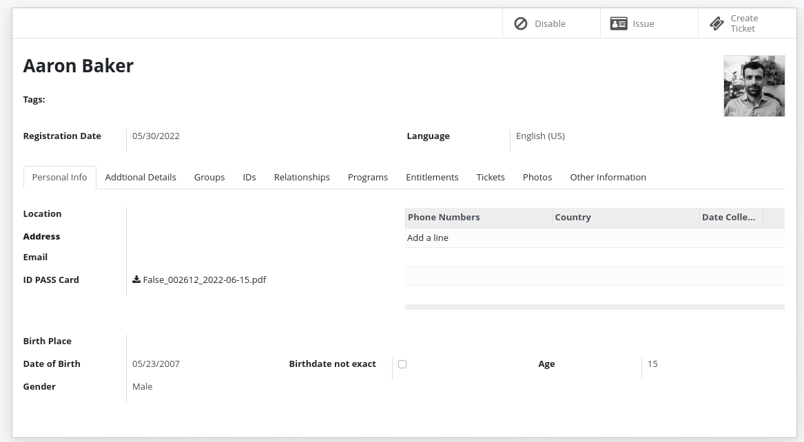 Screenshot of an individual registrant profile page displaying personal details form with fields for name, ID documents, contact information, and demographic data