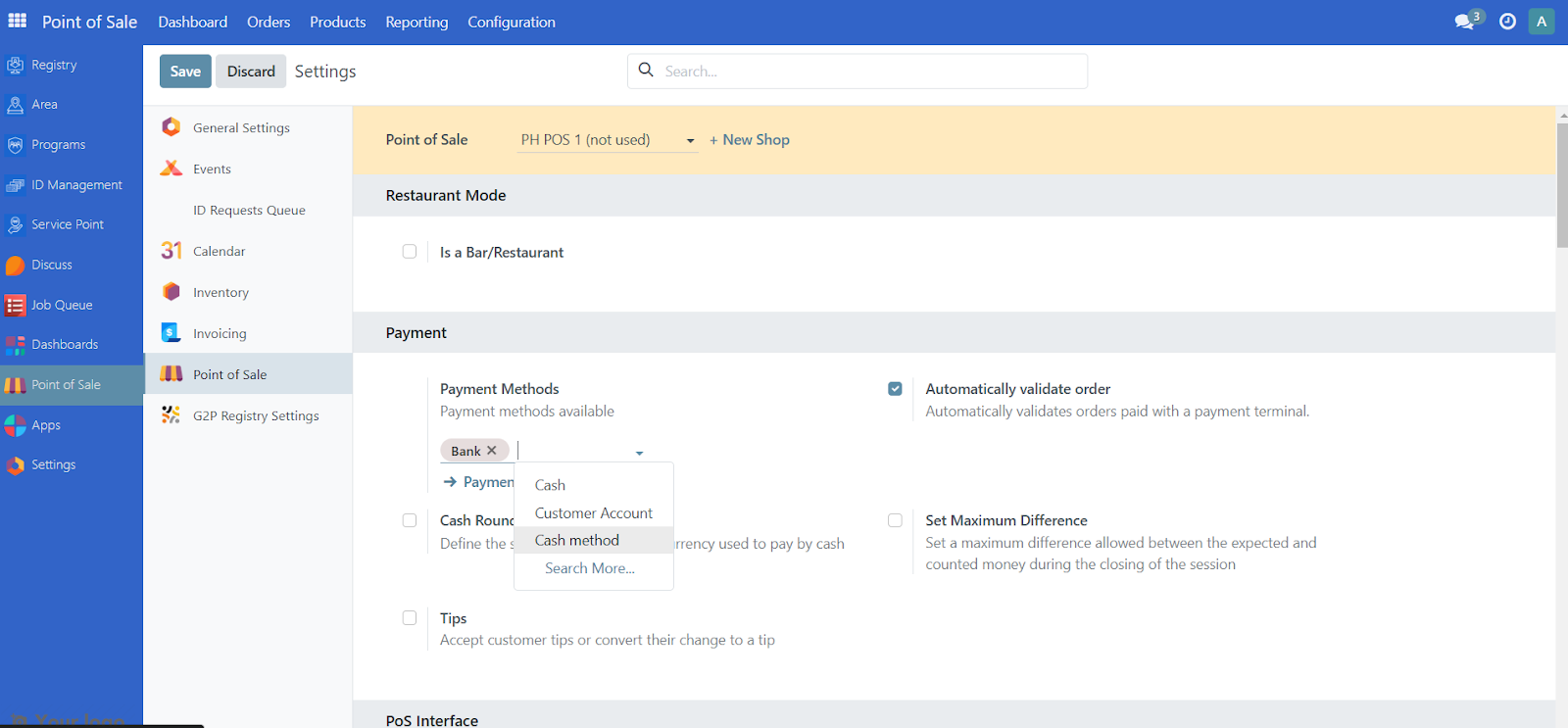 POS settings screen showing new Cash payment method selected in dropdown