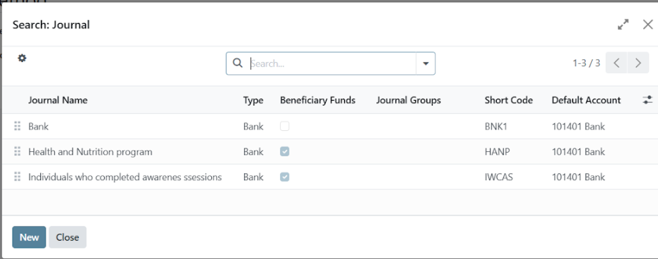 Journal creation dialog with New button