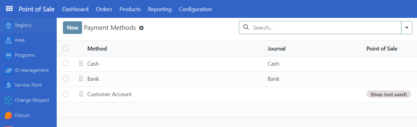Payment methods configuration screen showing Cash, Bank, and Customer Account options
