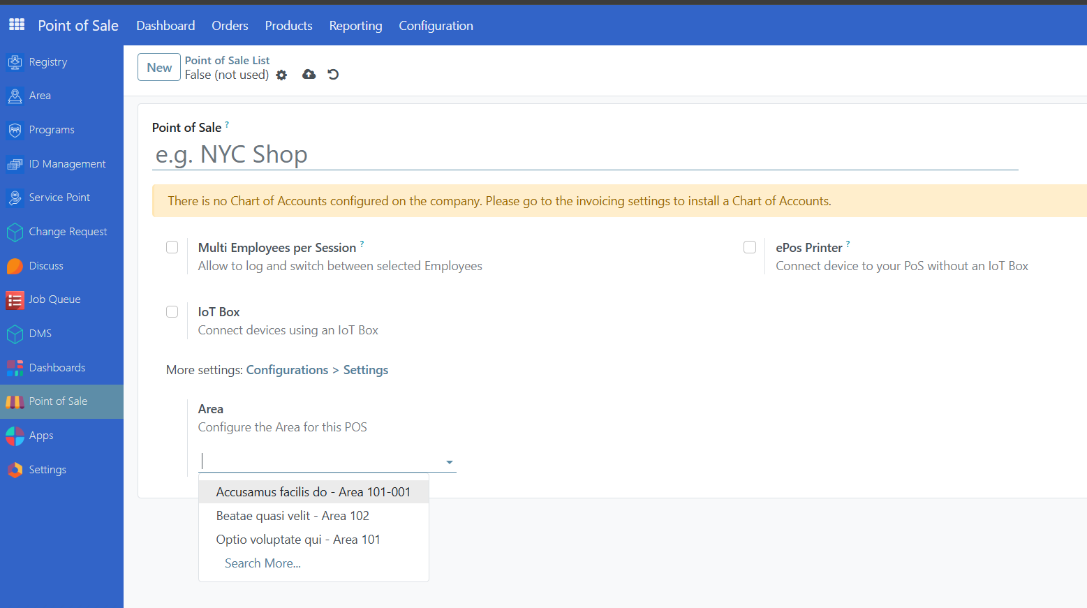 Point of Sale creation form with name field and area dropdown selection