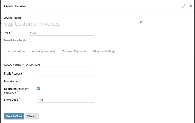 Journal creation form with name field, Cash type selection, and Save & Close button