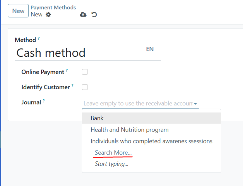 Journal selection dropdown with Search More option highlighted