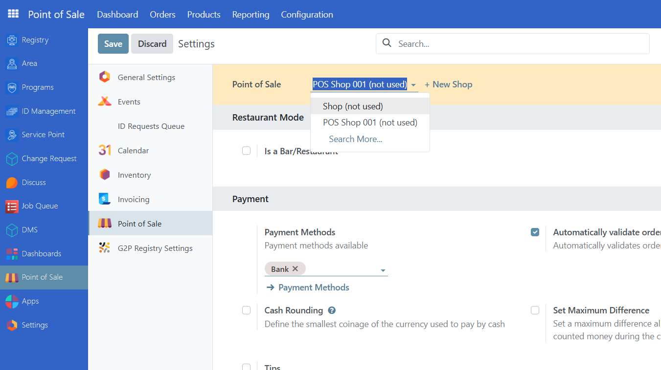 Point of Sale settings screen with dropdown to select specific POS station
