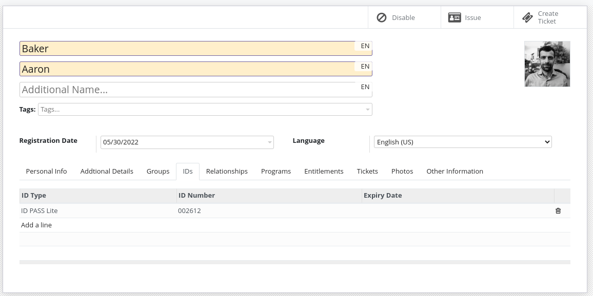 Screenshot of the registrant ID documents interface showing a list of identity documents with columns for document type, ID number, and validity status