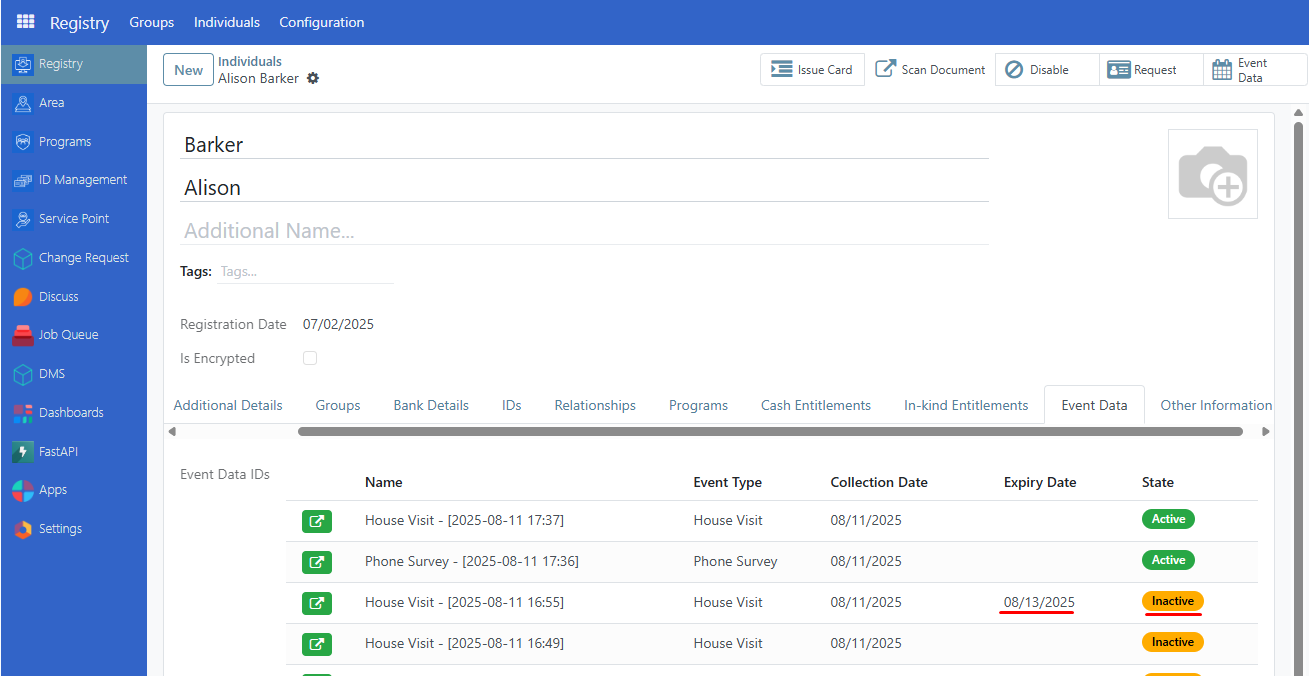 Using event data automatically inactive